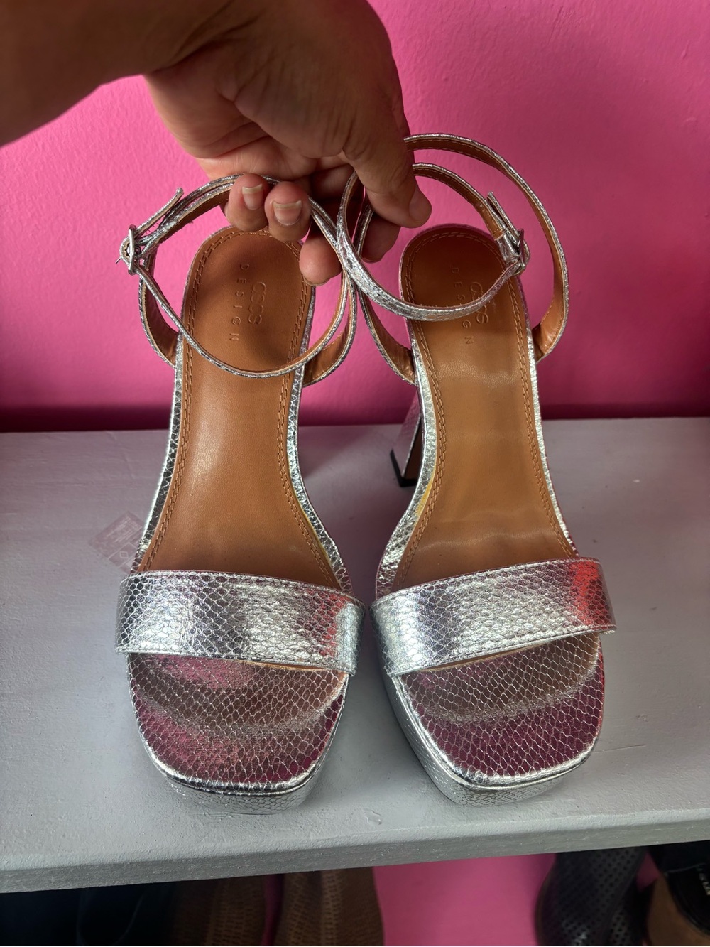 ASOS Silver Metallic Ankle-Strap Heeled Sandals